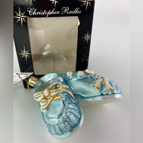 Christopher Radko Tiny Tootsies Blue Baby Booties Shoes Ornament 4” Shower Gift - Picture 1 of 13